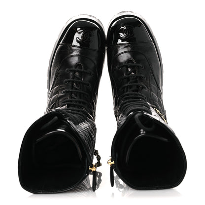 Chanel Shiny Calfskin Patent Quilted Chain Lace Up Combat Long Boots 37 Black 2 of 11