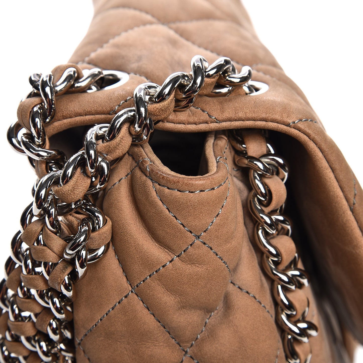 Nubuck Quilted Chain Around Maxi Flap Grey