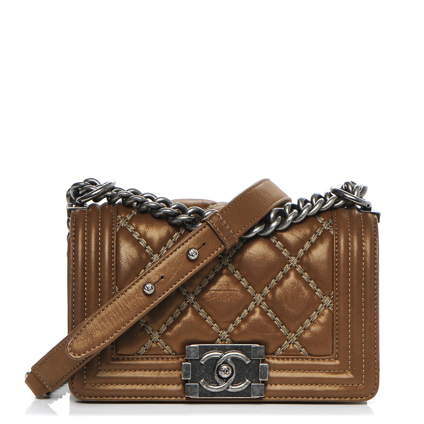 Iridescent Calfskin Embellished Double Stitch Small Boy Flap Light Brown