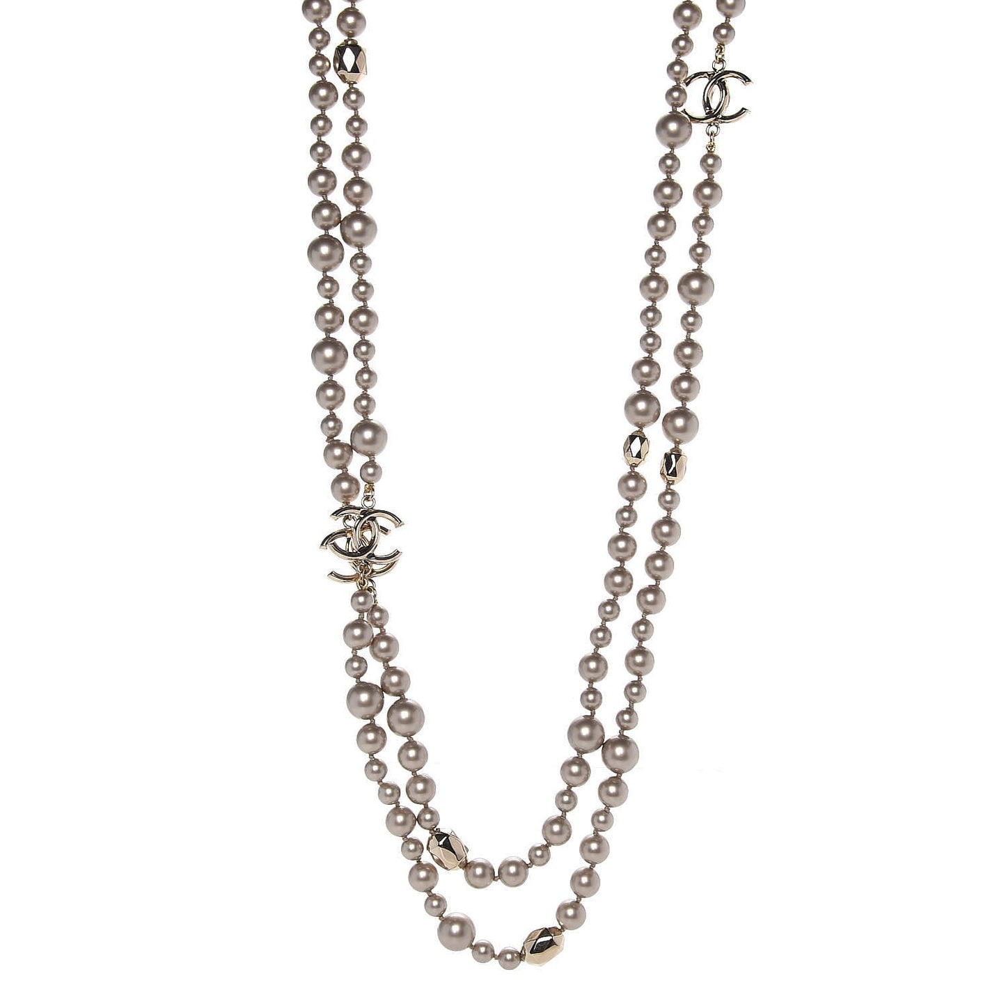 Pearl CC Long Necklace Gold Pearly Beige