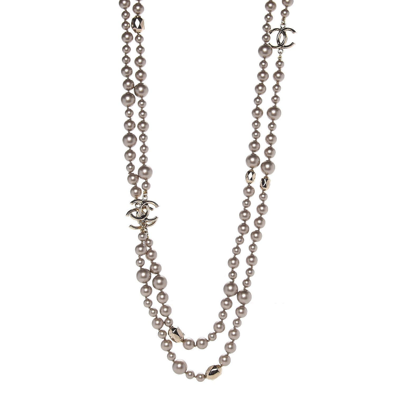 Chanel Pearl CC Long Necklace Gold Pearly Beige 1 of 5