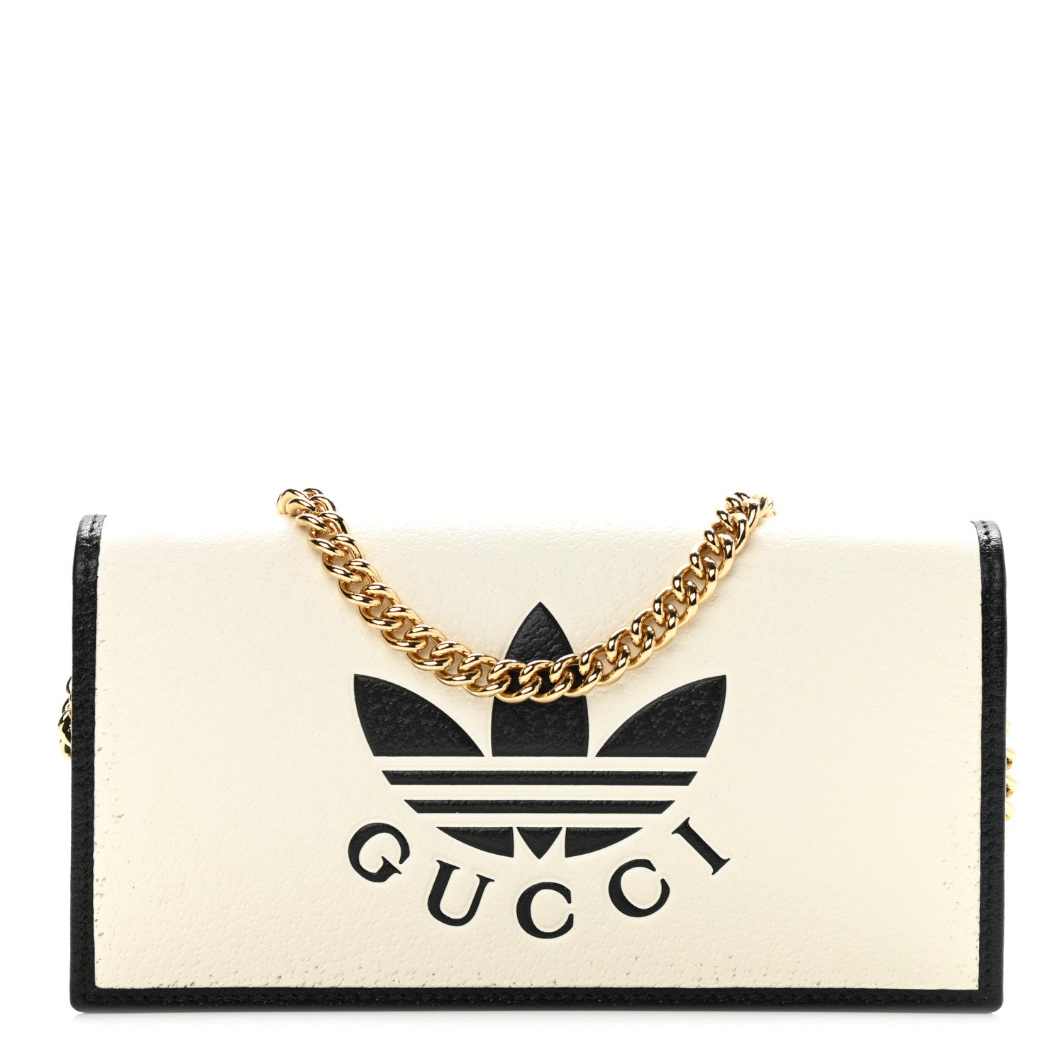Gucci X ADIDAS Textured Dollar Calfskin Trefoil Embossed Wallet On Chain Off White Black 1 of 10
