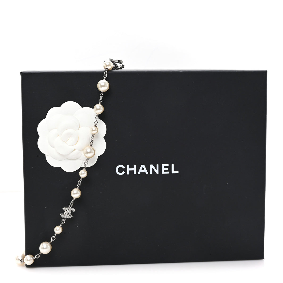 Crystal Pearl CC Long Necklace Silver