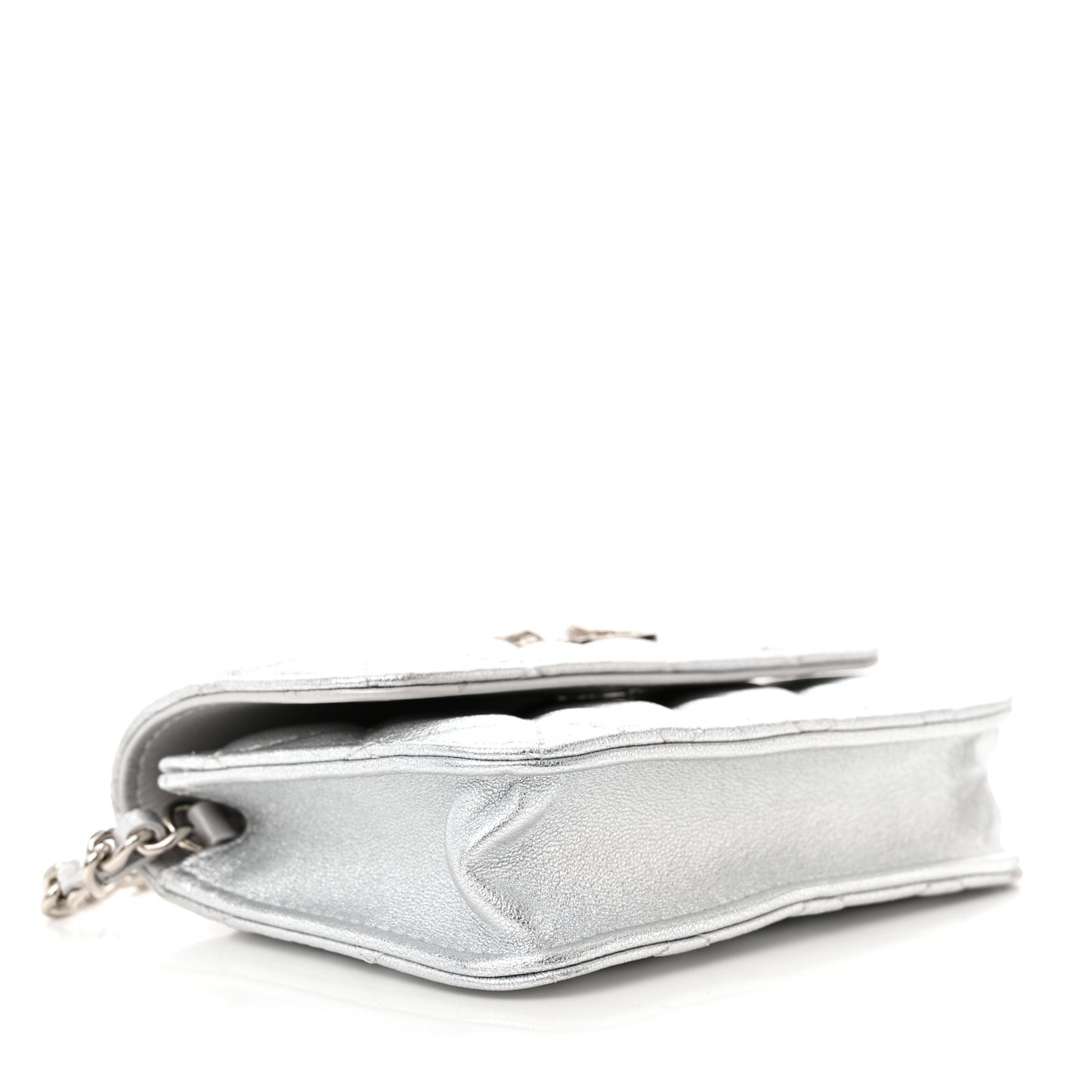 Metallic Goatskin Quilted Crystal CC Walk Of Fame Clutch With Chain Silver