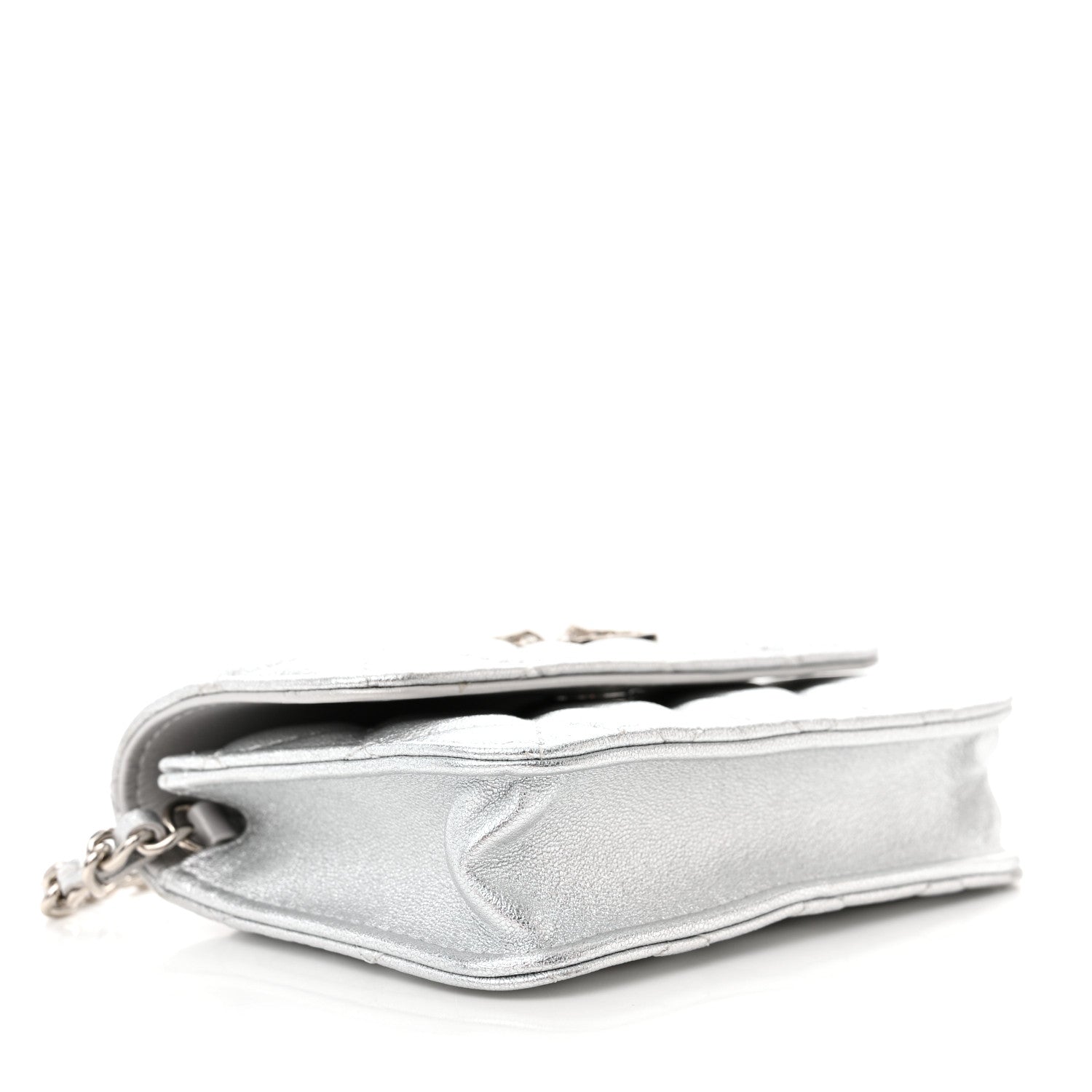 Chanel Metallic Goatskin Quilted Crystal CC Walk Of Fame Clutch With Chain Silver 4 of 13