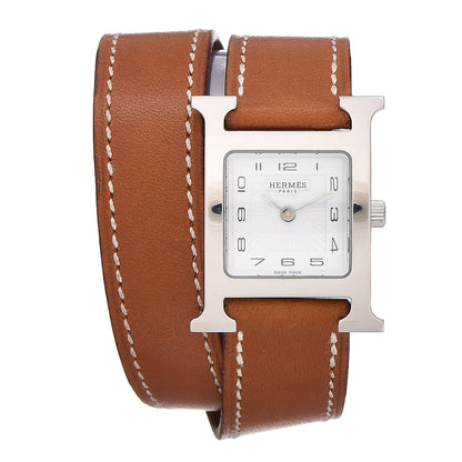 Hermes Stainless Steel Barenia 21mm Heure H Hour Double Tour Quartz Watch Fauve 1 of 9