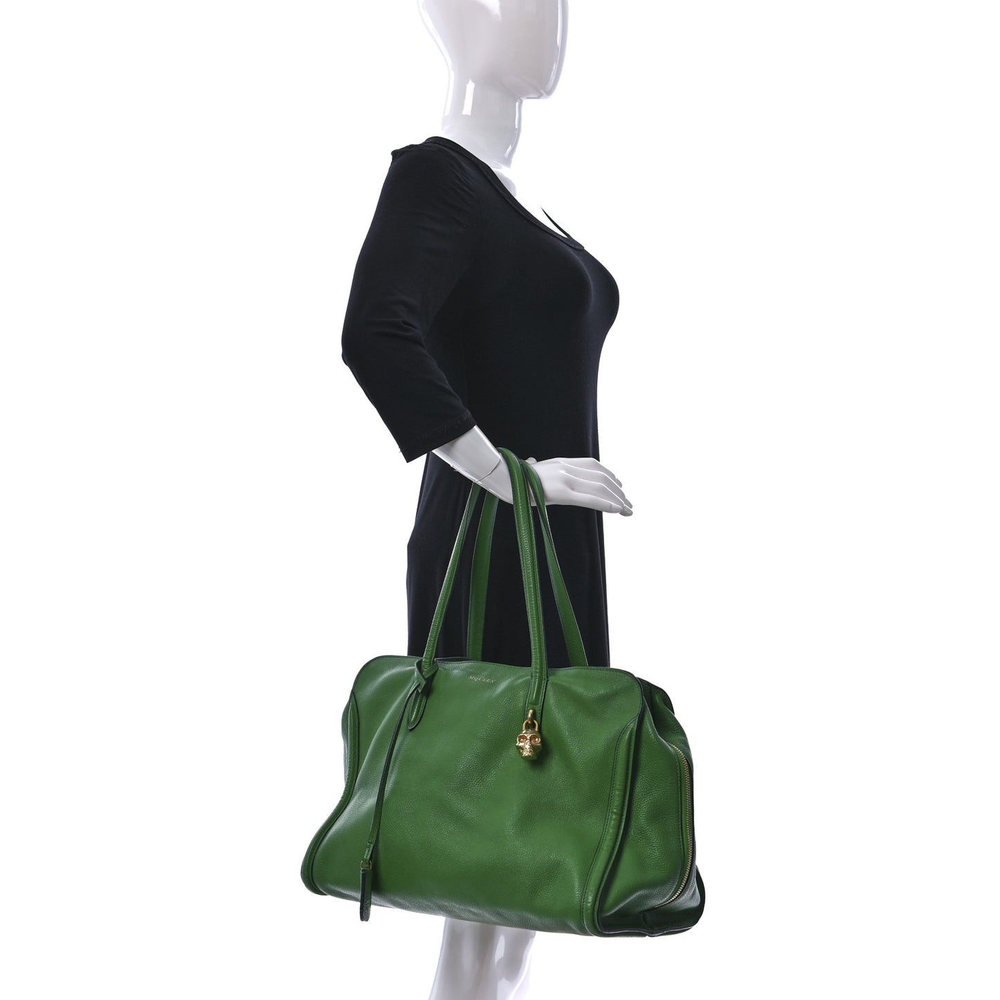 Pebbled Calfskin Large Skull Padlock Zip Around Tote Emerald