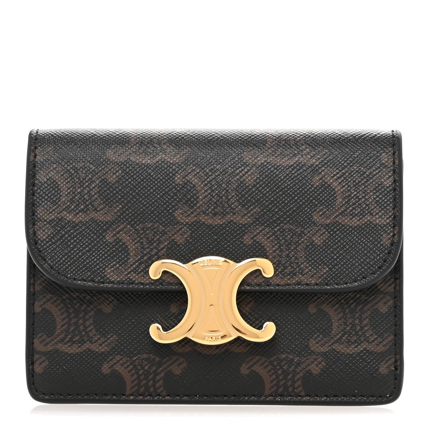 Celine Triomphe Canvas Calfskin Flap Card Holder Tan 1 of 10