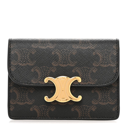 Celine Triomphe Canvas Calfskin Flap Card Holder Tan 1 of 10