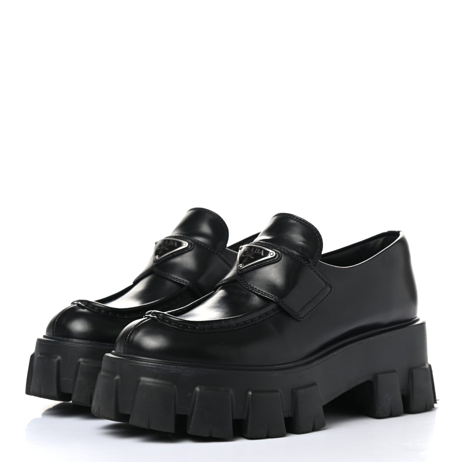 Prada Spazzolato Rois Metal Triangle Logo Monolith 55mm Loafers 37 Black 3 of 11