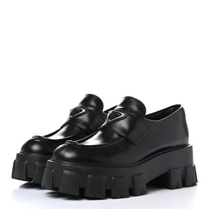 Prada Spazzolato Rois Metal Triangle Logo Monolith 55mm Loafers 37 Black 3 of 11