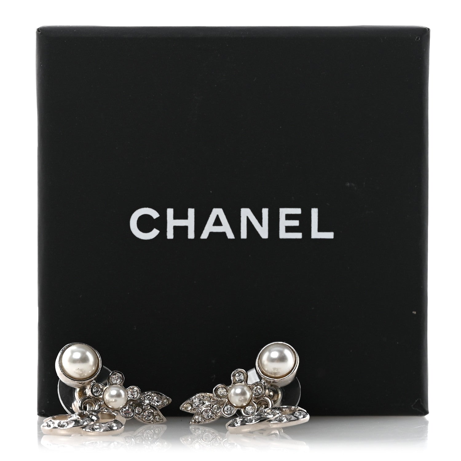 Chanel Crystal Pearl CC Leaf Earrings Silver 9 of 10