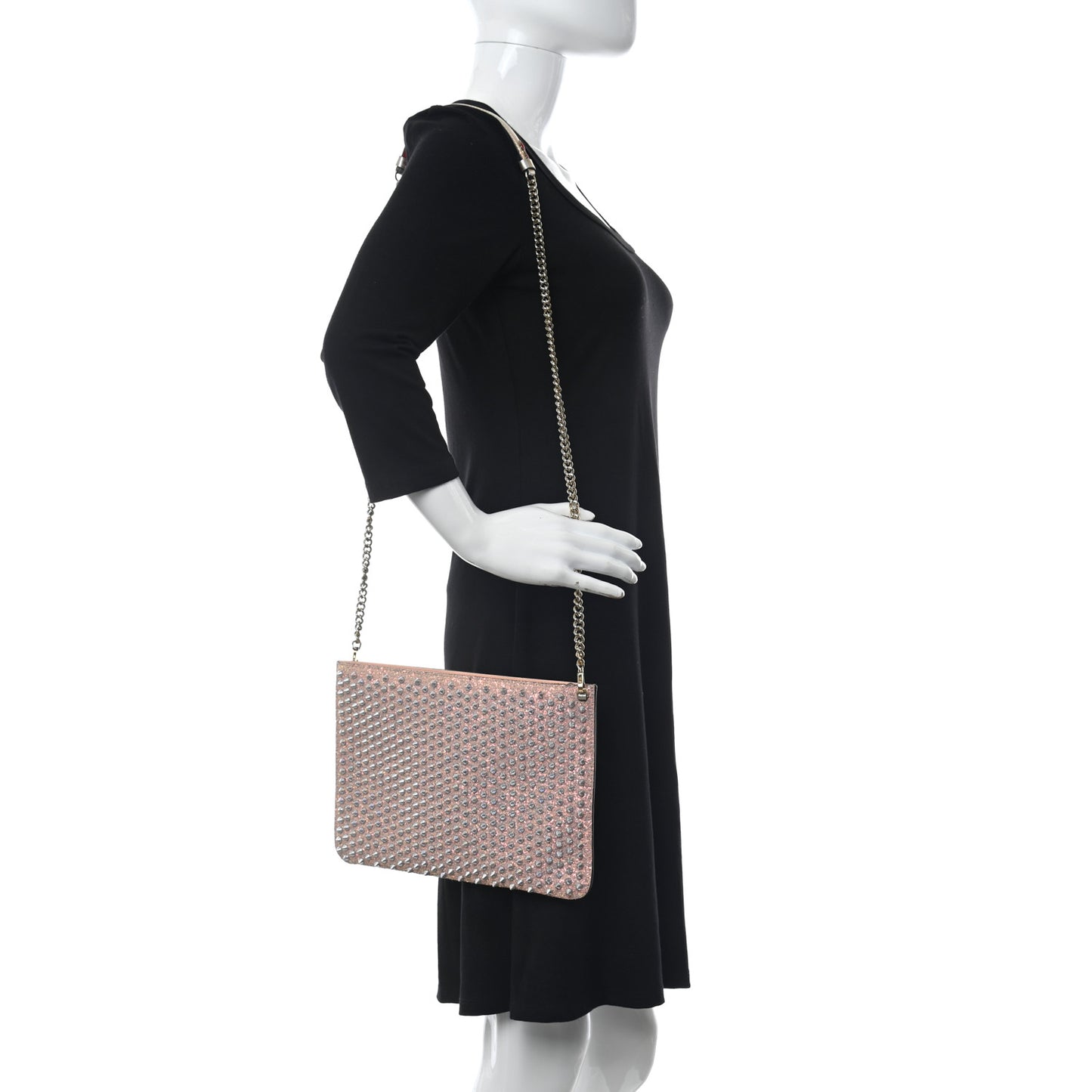 Metallic Calfskin Glitter Quadro Spikes Loubiclutch Rosegold