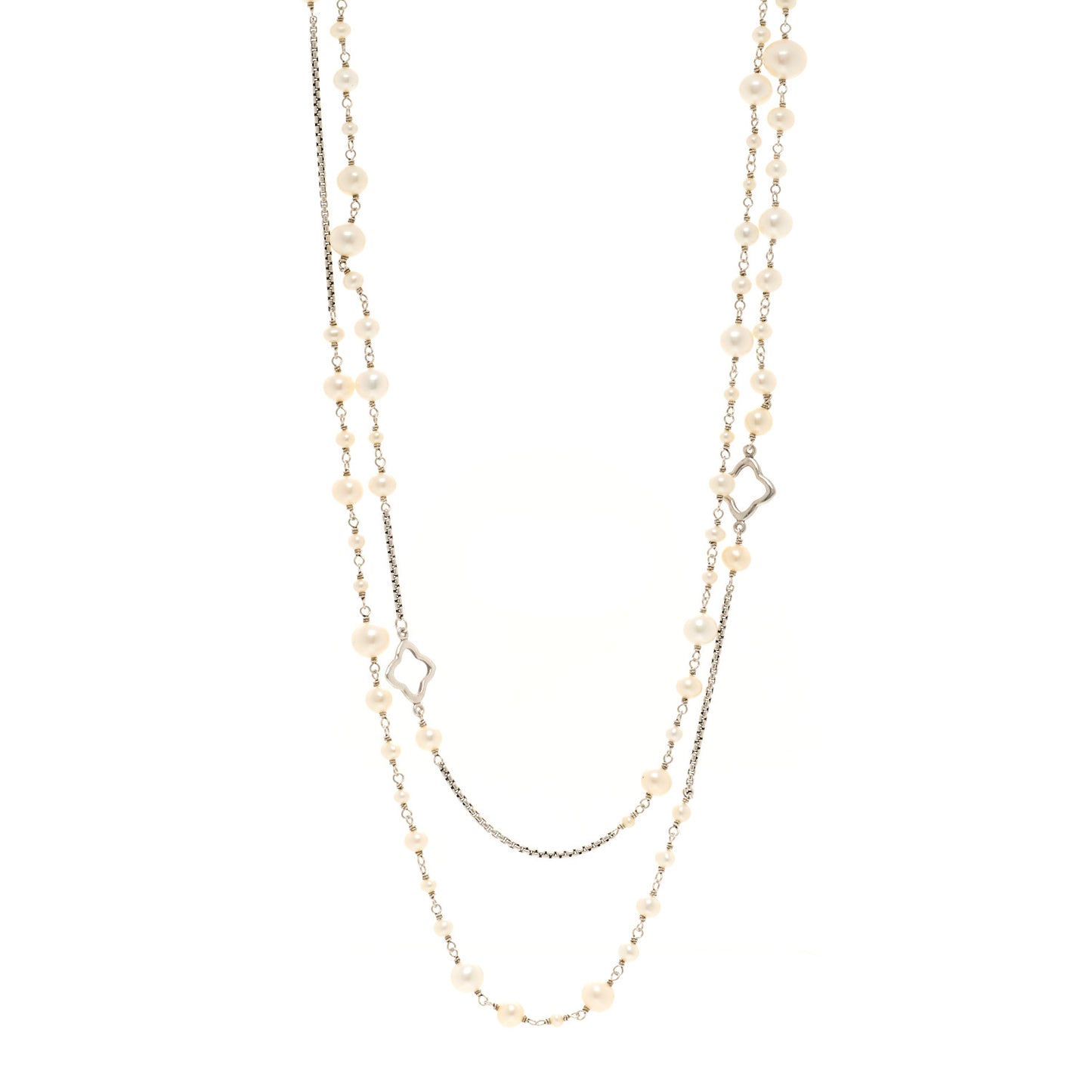 Sterling Silver Cultured Pearl Quatrefoil Long Chain Necklace