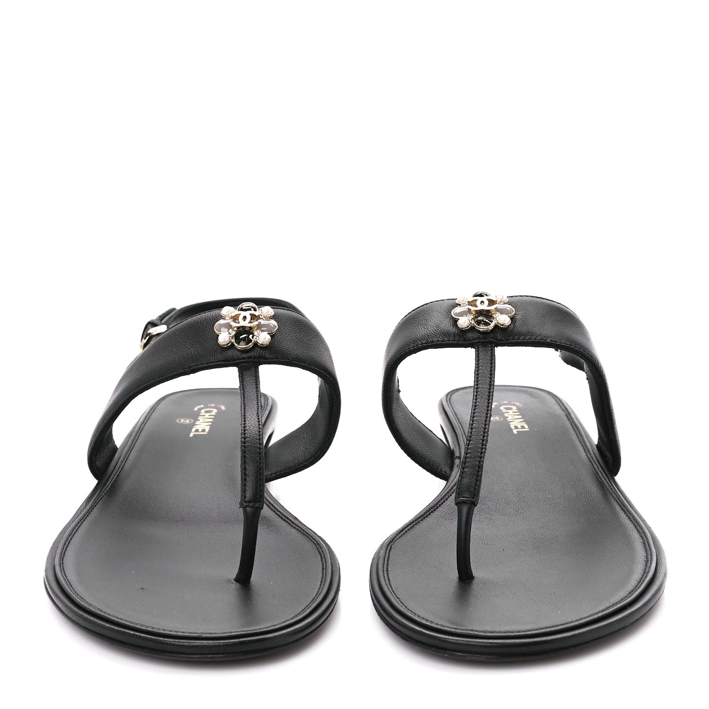 Lambskin Gripoix CC Thong Sandals 40.5 Black Gold
