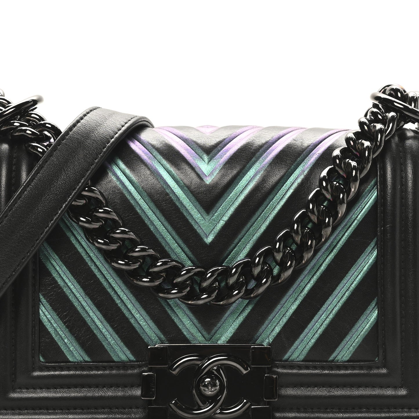 Calfskin Painted Chevron Embossed Medium Boy Flap Black