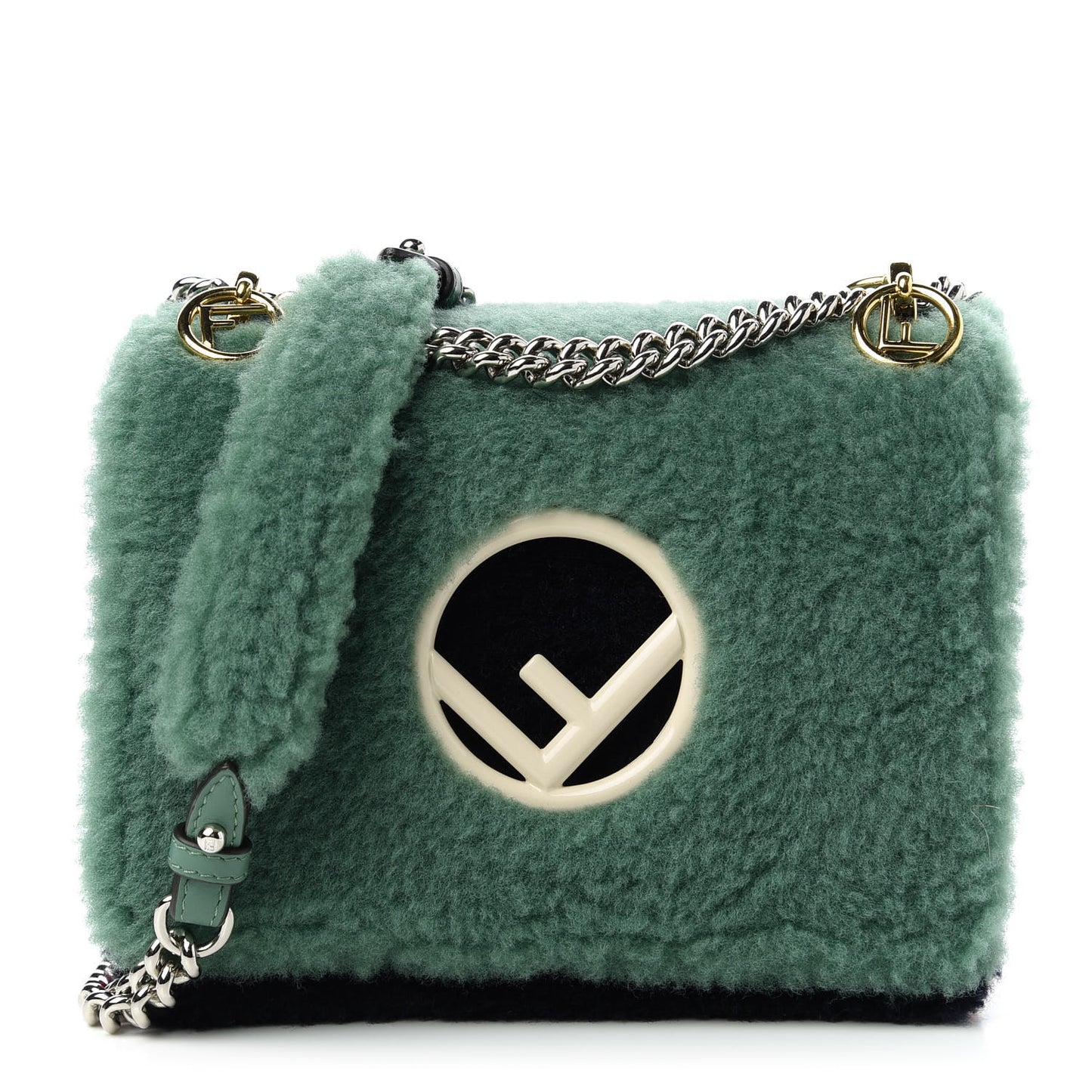 Shearling Vitello Century F is Fendi Small Kan I Shoulder Bag Verde Acqua Black Mosto