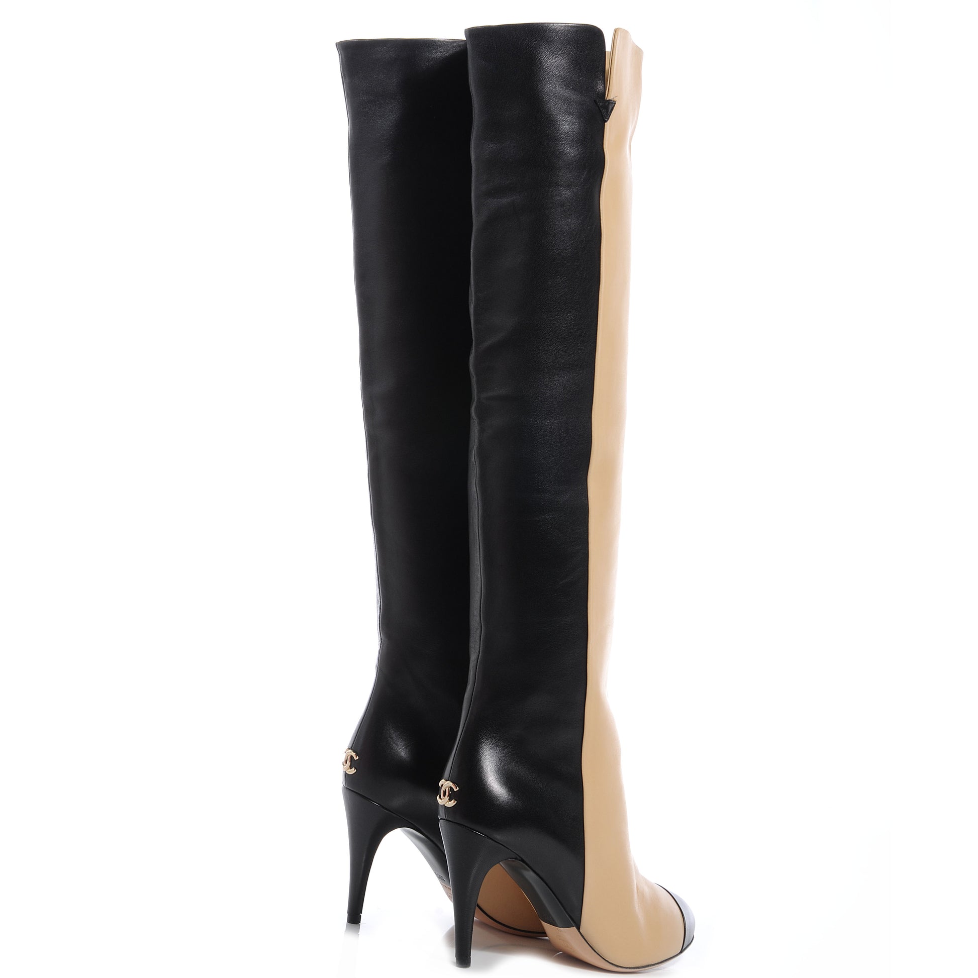 Chanel Leather Knee High Boots 9.5 Black Beige 4 of 7