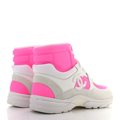 Chanel Suede Calfskin Lambskin Neoprene High Top CC Sneakers 40 White Fluo Pink 4 of 7
