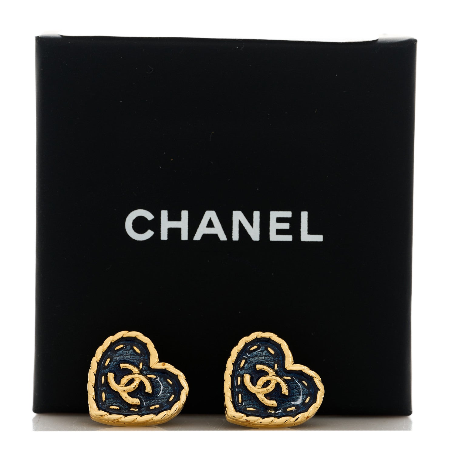 Chanel Metal Enamel CC Denim Heart Earrings Gold Blue 5 of 5
