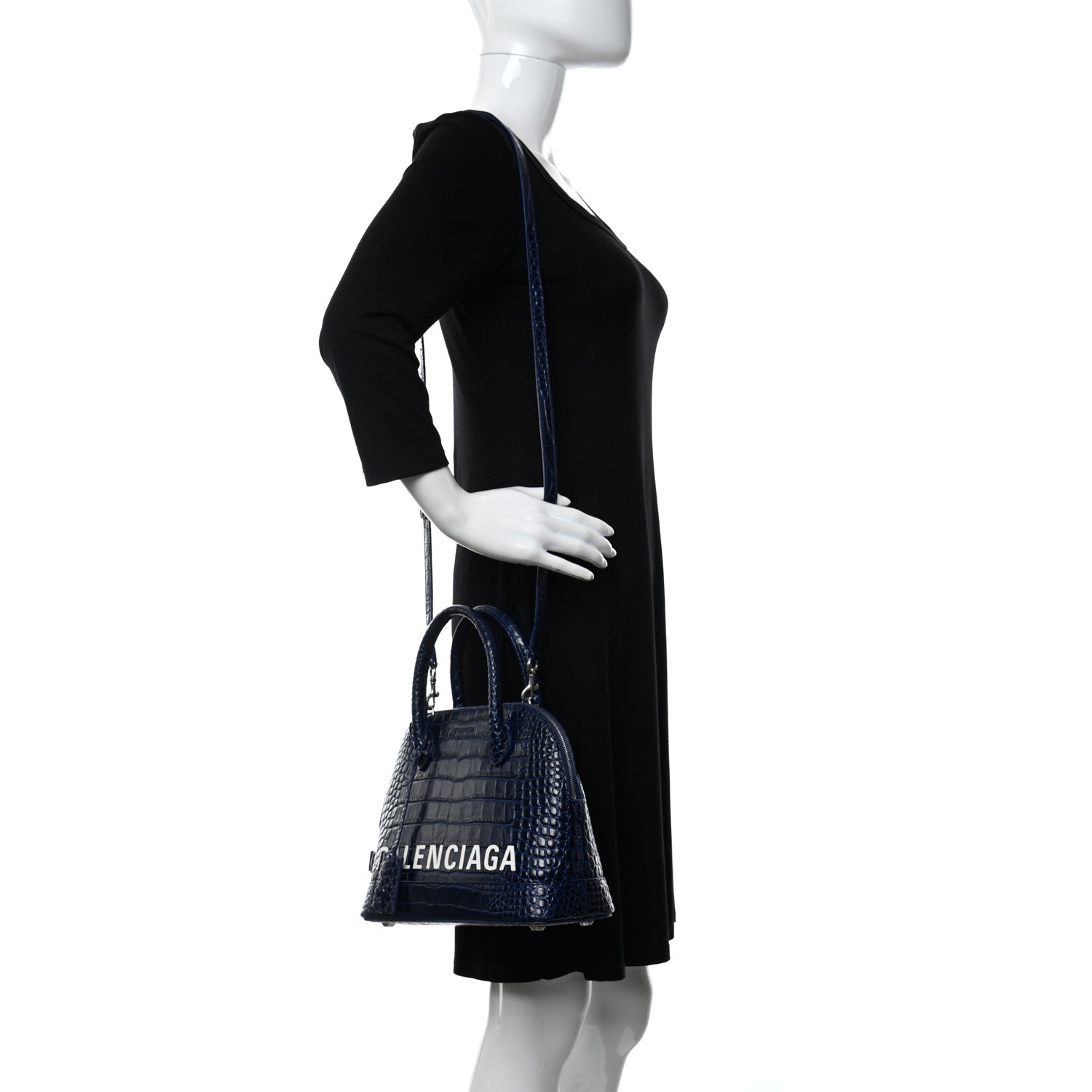 Balenciaga Shiny Calfskin Logo Crocodile Embossed S Ville Top Handle Bag Navy White 2 of 13
