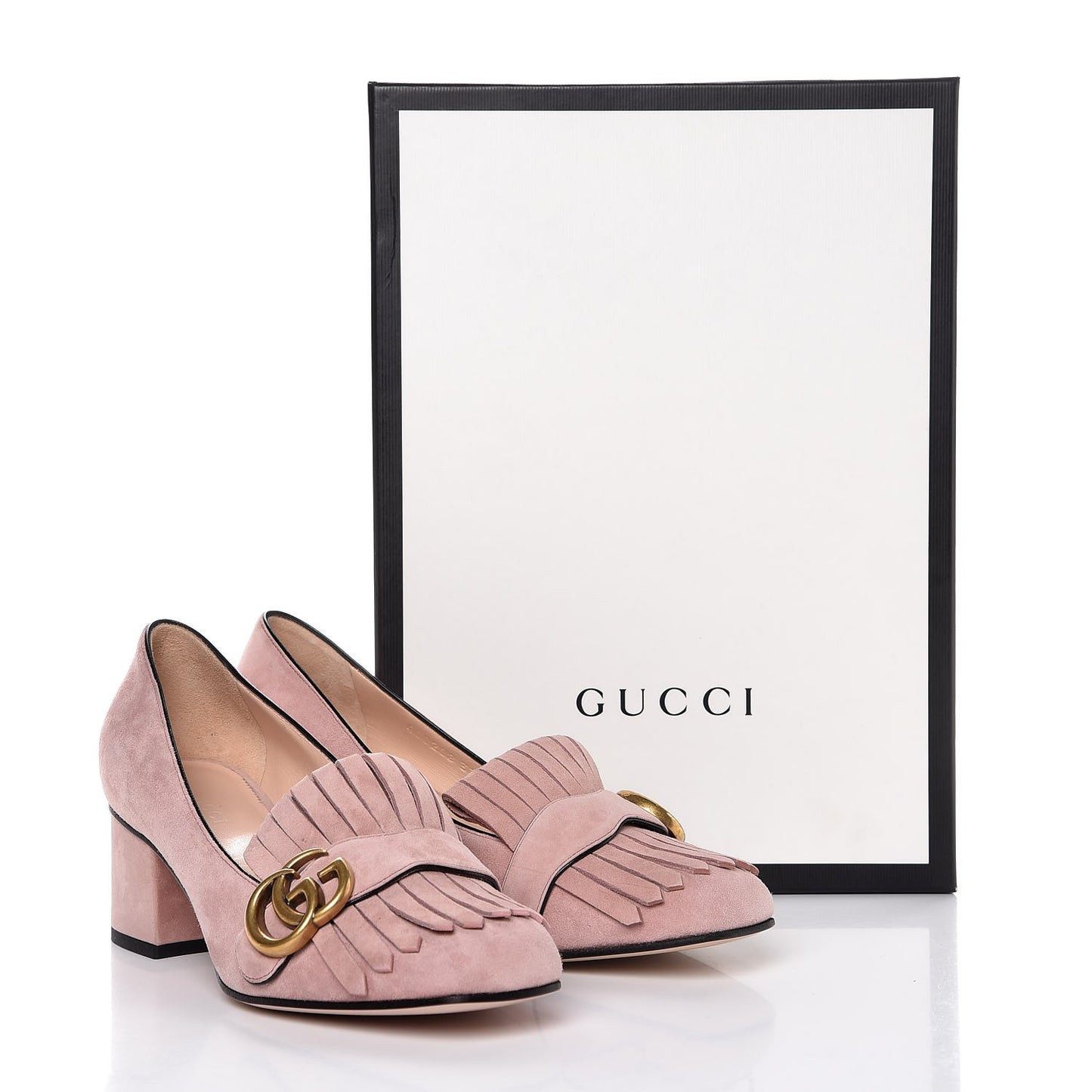 Kid Scamosciato GG Marmont Fringe 50mm Loafer Pumps 37 Crystal Pink