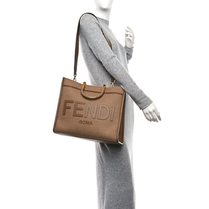 Fendi Flannel Vitello King Wool Plexiglass FF Logo Embroidered Medium Fendi Sunshine Shopper Tote Brown 2 of 8