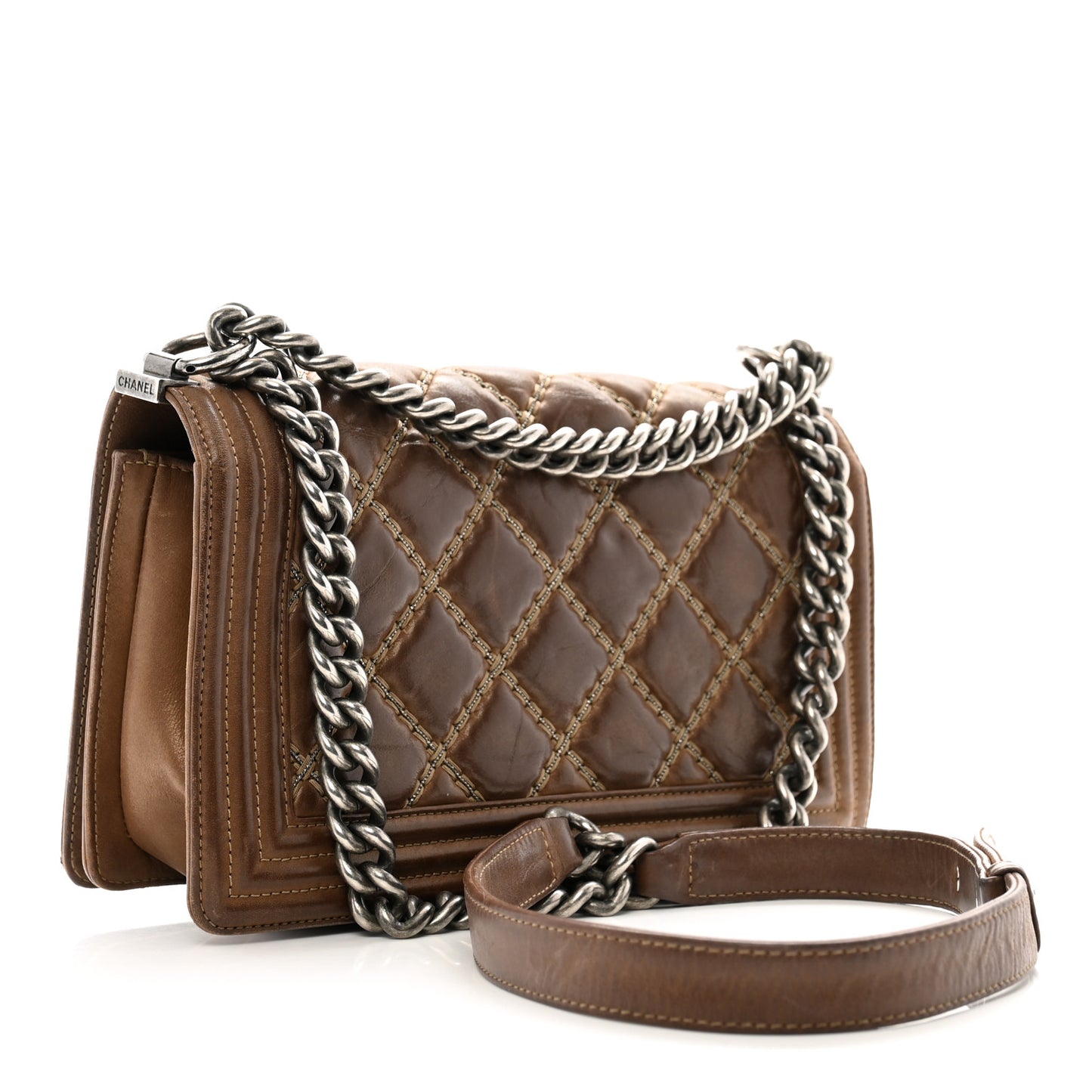 Iridescent Calfskin Embellished Double Stitch Medium Boy Flap Light Brown