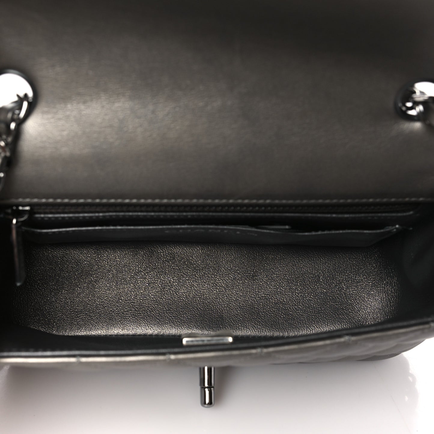 Metallic Calfskin Quilted Mini Rectangular Flap Ruthenium