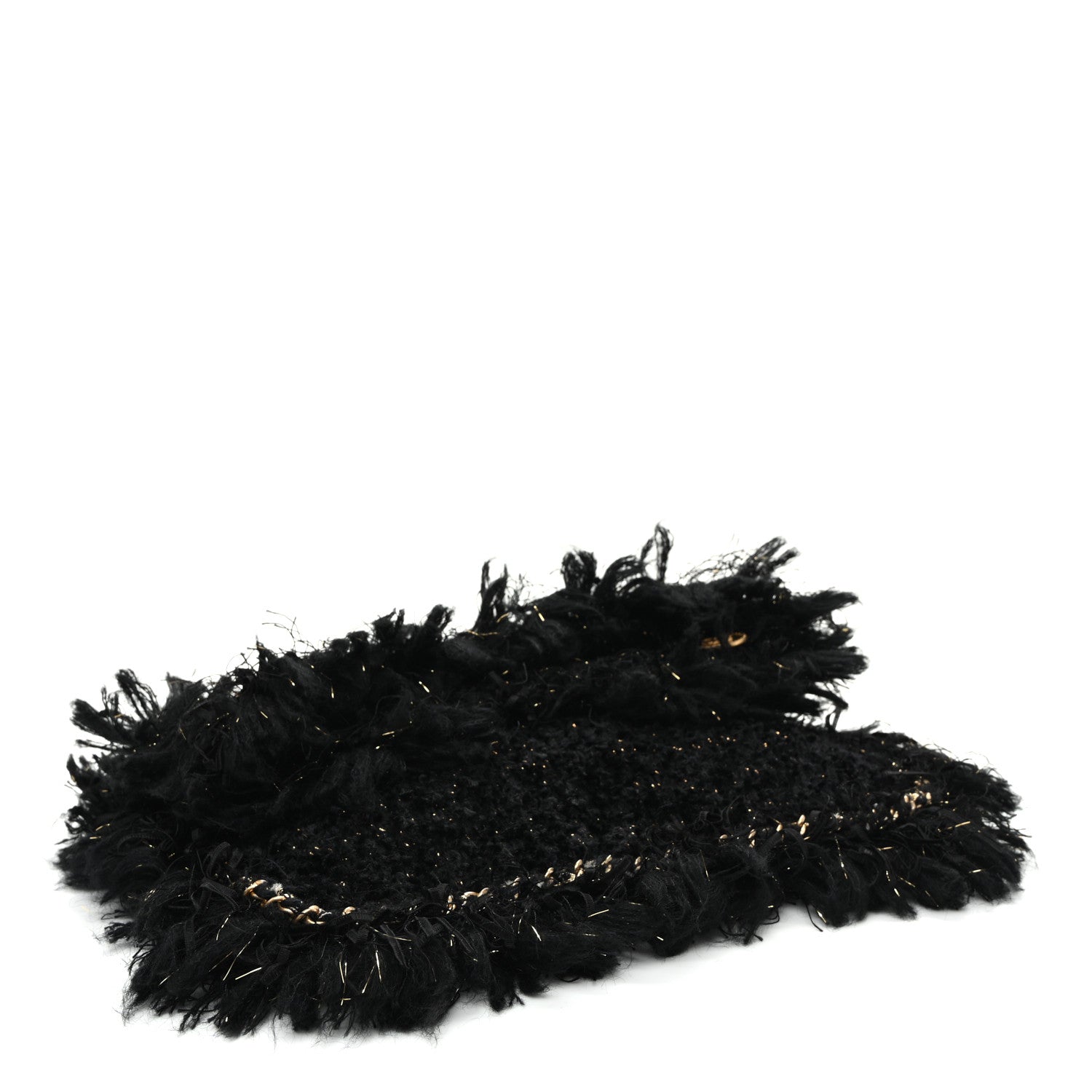 Chanel Tweed Fringe Quilted Chain Around Flap Clutch Black Gold 4 of 10