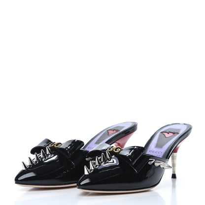 Gucci Patent GG Bow Sadie Spike Mid Heel Mules 35.5 Black 3 of 9