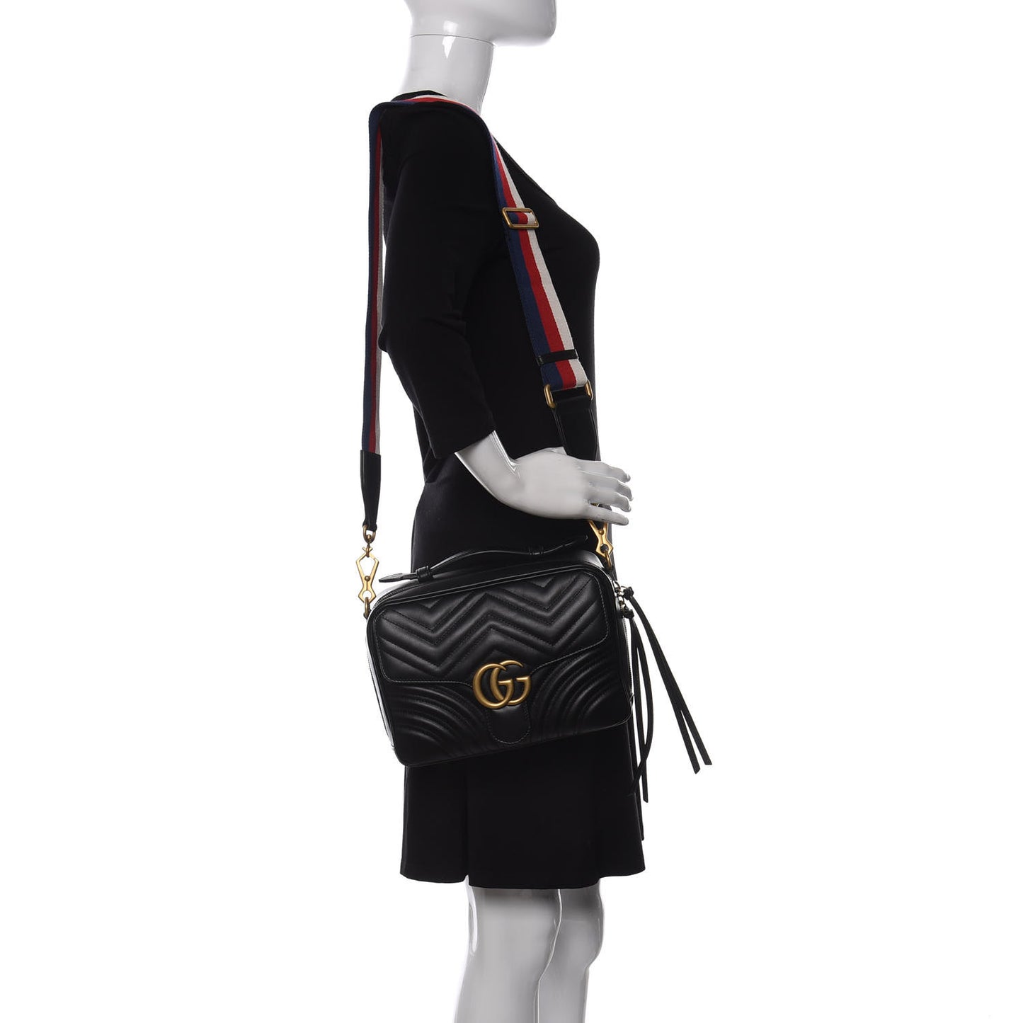 Calfskin Matelasse Sylvie Web Small GG Marmont Top Handle Shoulder Bag Black