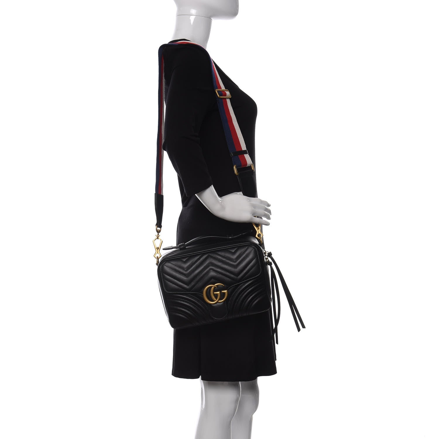 Gucci Calfskin Matelasse Sylvie Web Small GG Marmont Top Handle Shoulder Bag Black 2 of 11