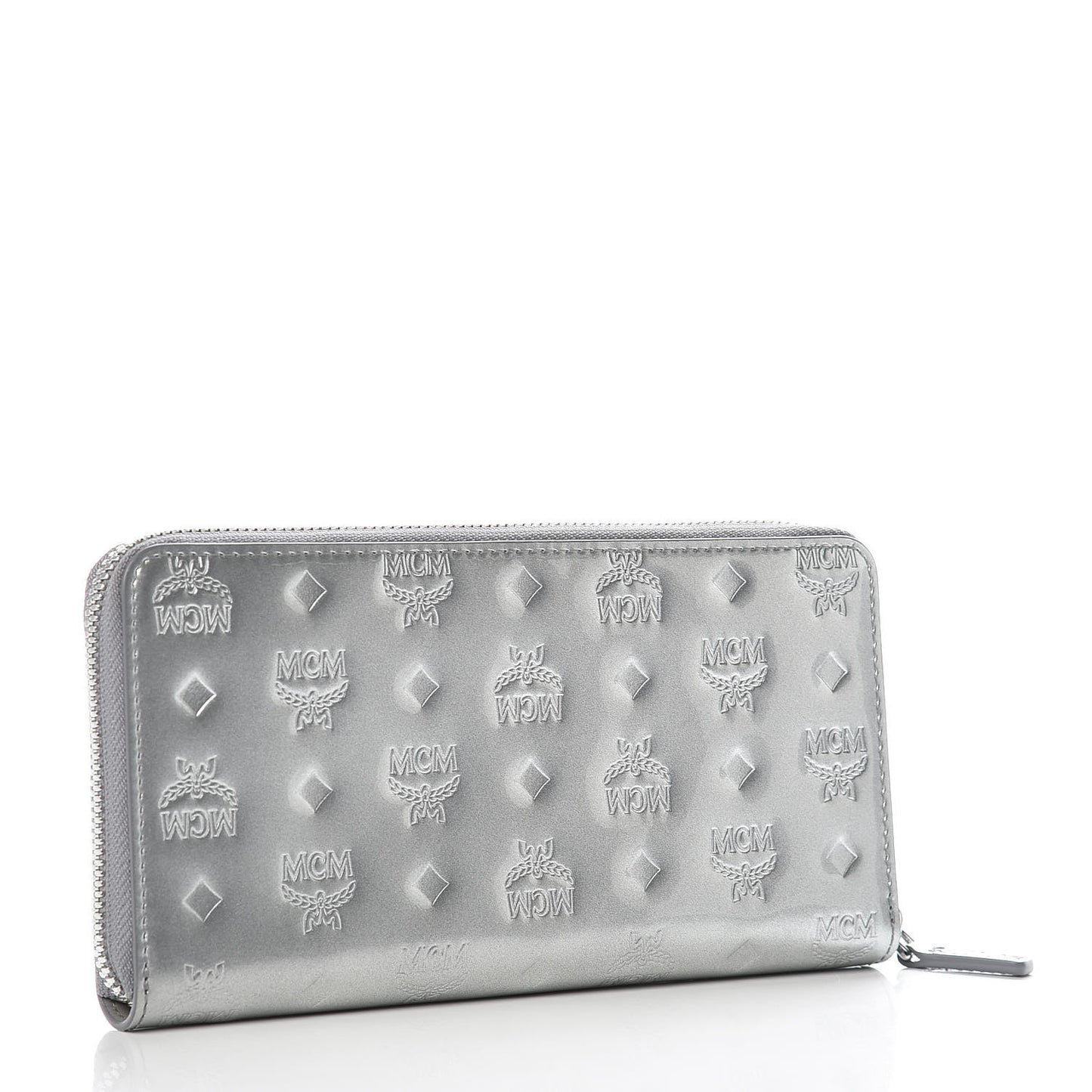 Metallic Monogram Patent Large Zip Around Wallet Silver