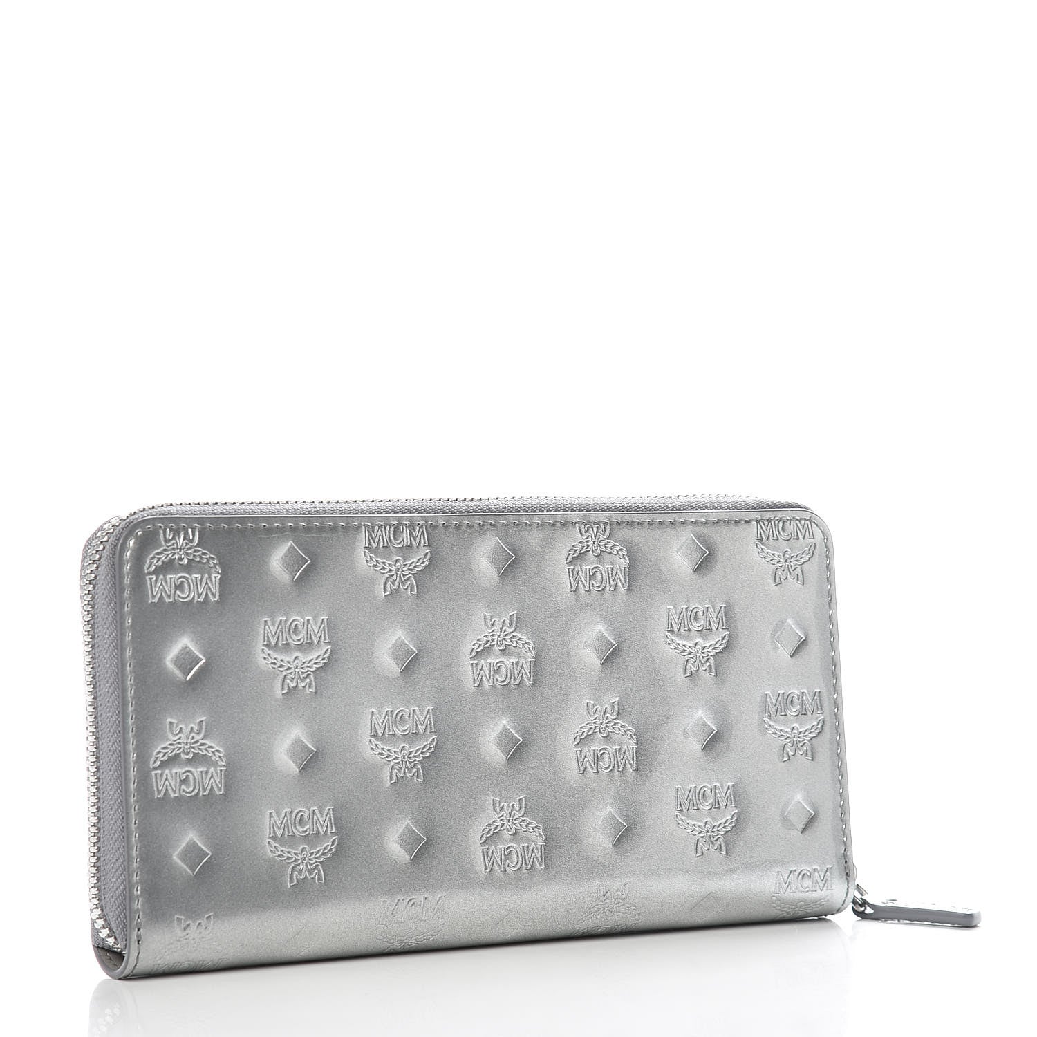 MCM Metallic Monogram Patent Large Zip Around Wallet Silver 3 of 10