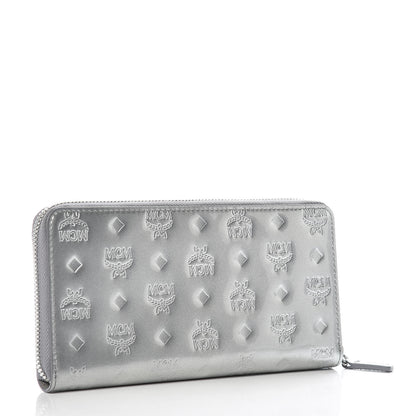 MCM Metallic Monogram Patent Large Zip Around Wallet Silver 3 of 10