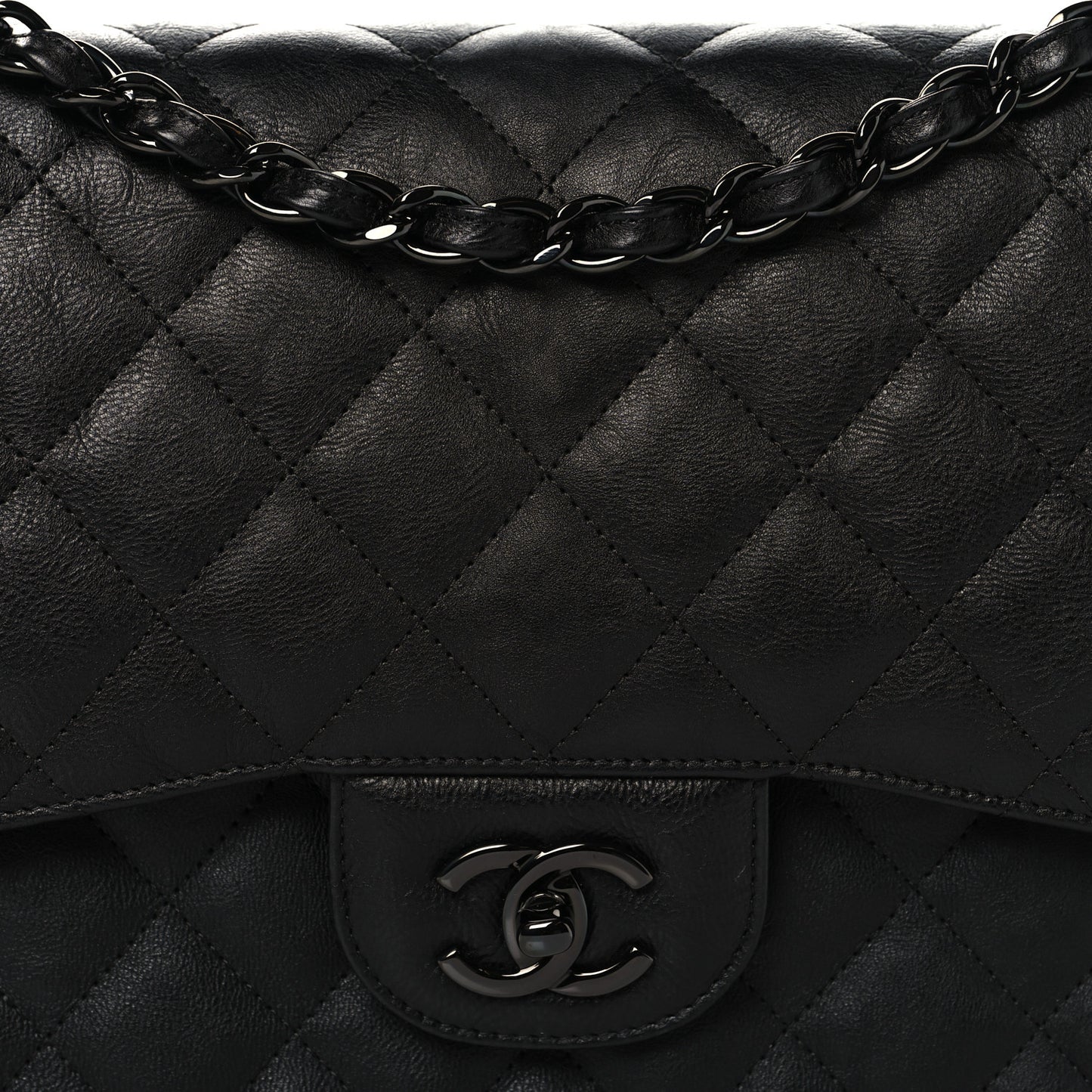 Crumpled Calfskin Quilted Jumbo Double Flap So Black