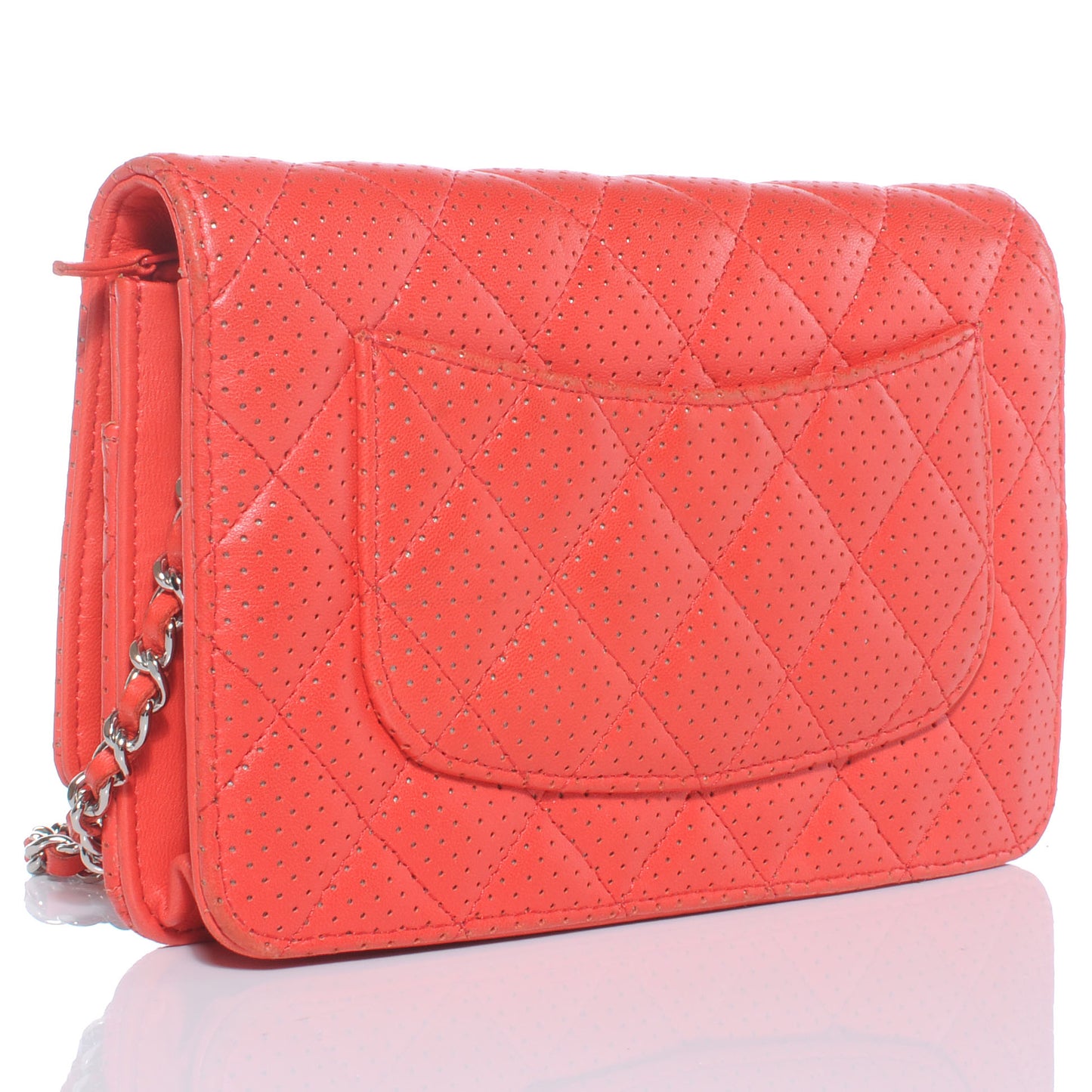 Lambskin Perforated Wallet on Chain WOC Red