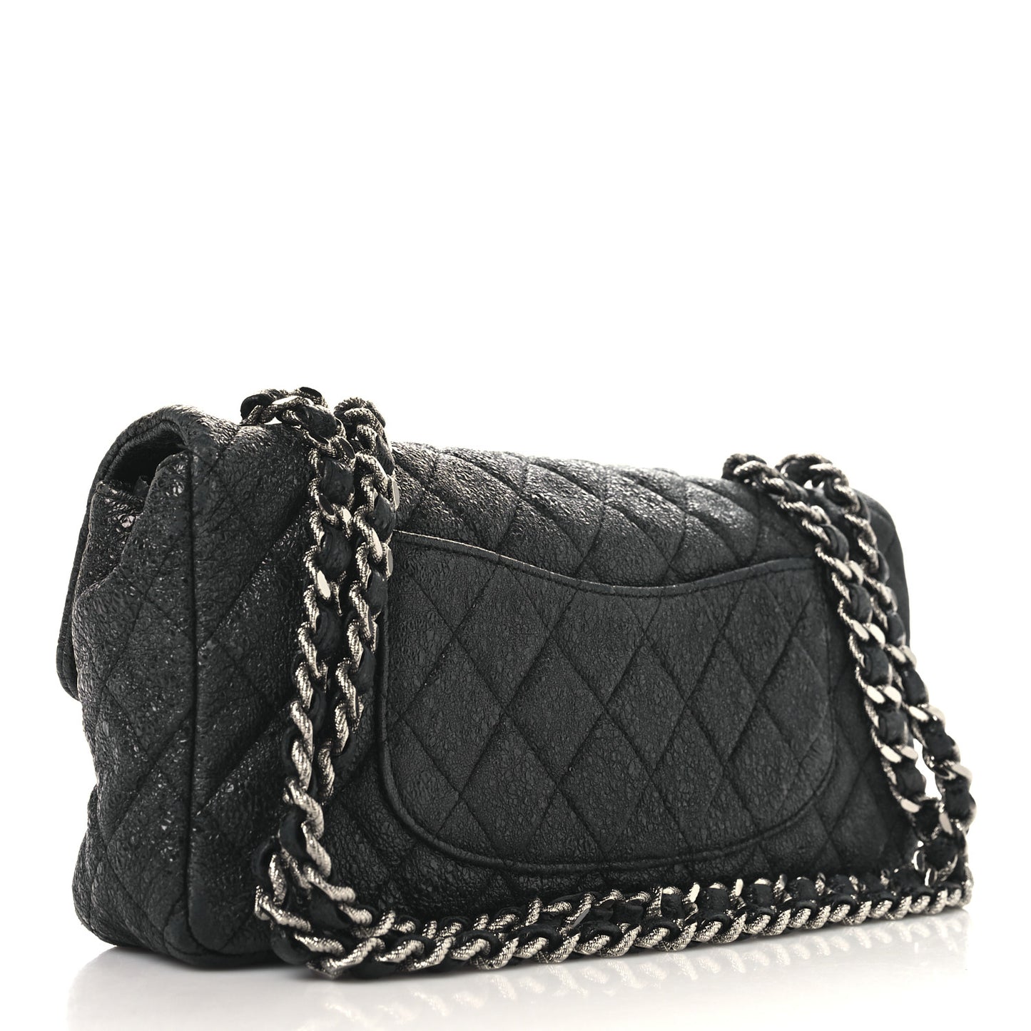 Metallic Crackled Calfskin Quilted East West Flap Navy