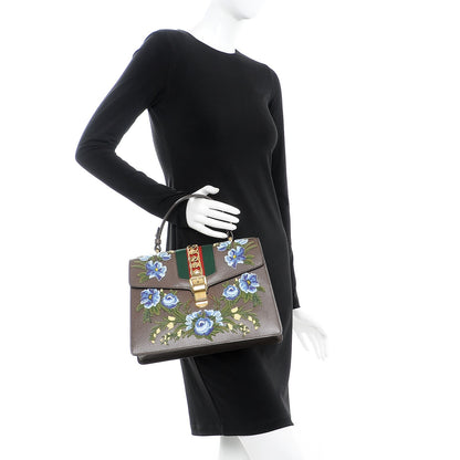 Gucci Calfskin Embroidered Medium Sylvie Top Handle Bag New Acero Multicolor 3 of 8