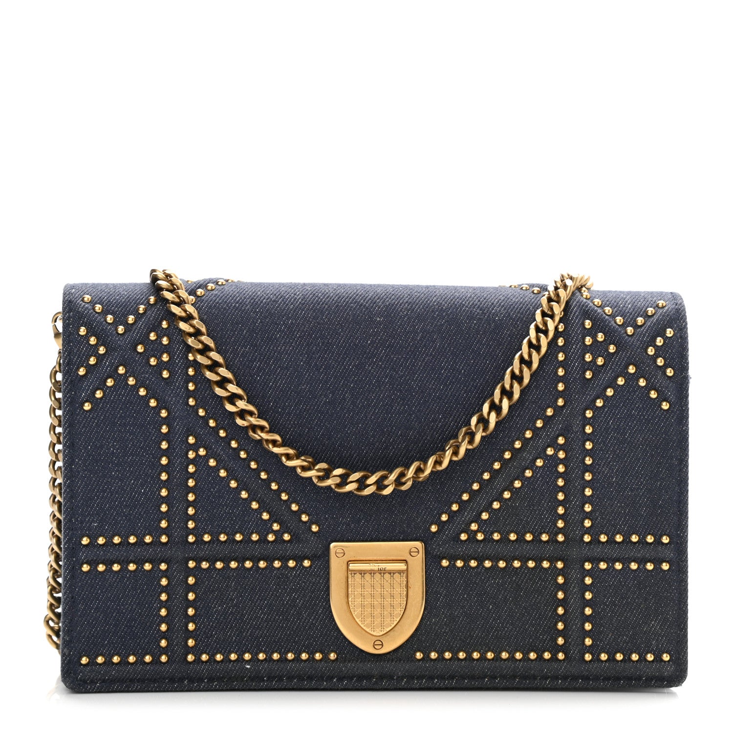 Christian Dior Denim Studded Diorama Wallet On Chain Blue 1 of 10
