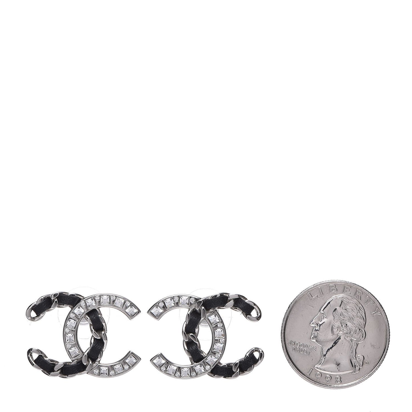 Crystal Baguette Lambskin Large CC Earrings Silver Black