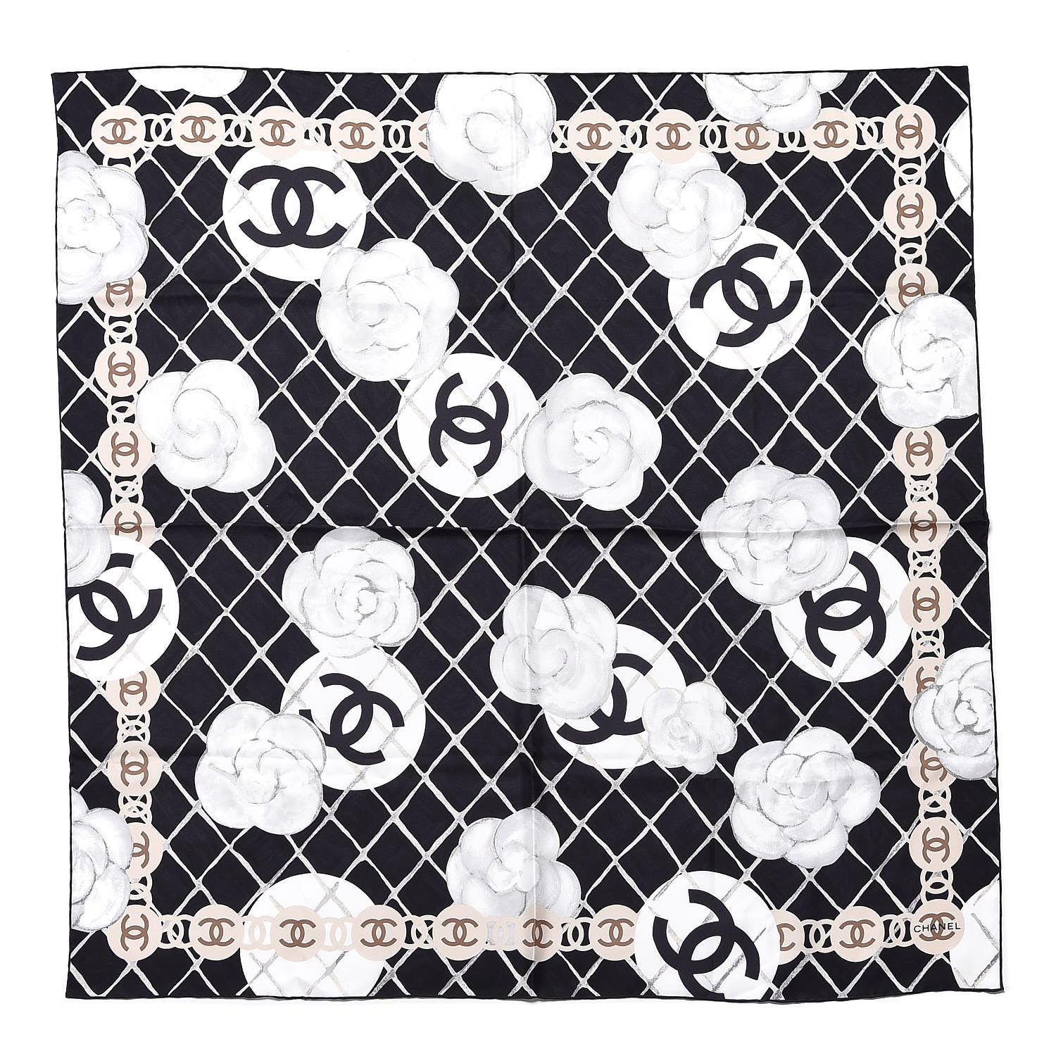 Chanel Silk CC Camellia Scarf White Black 1 of 5