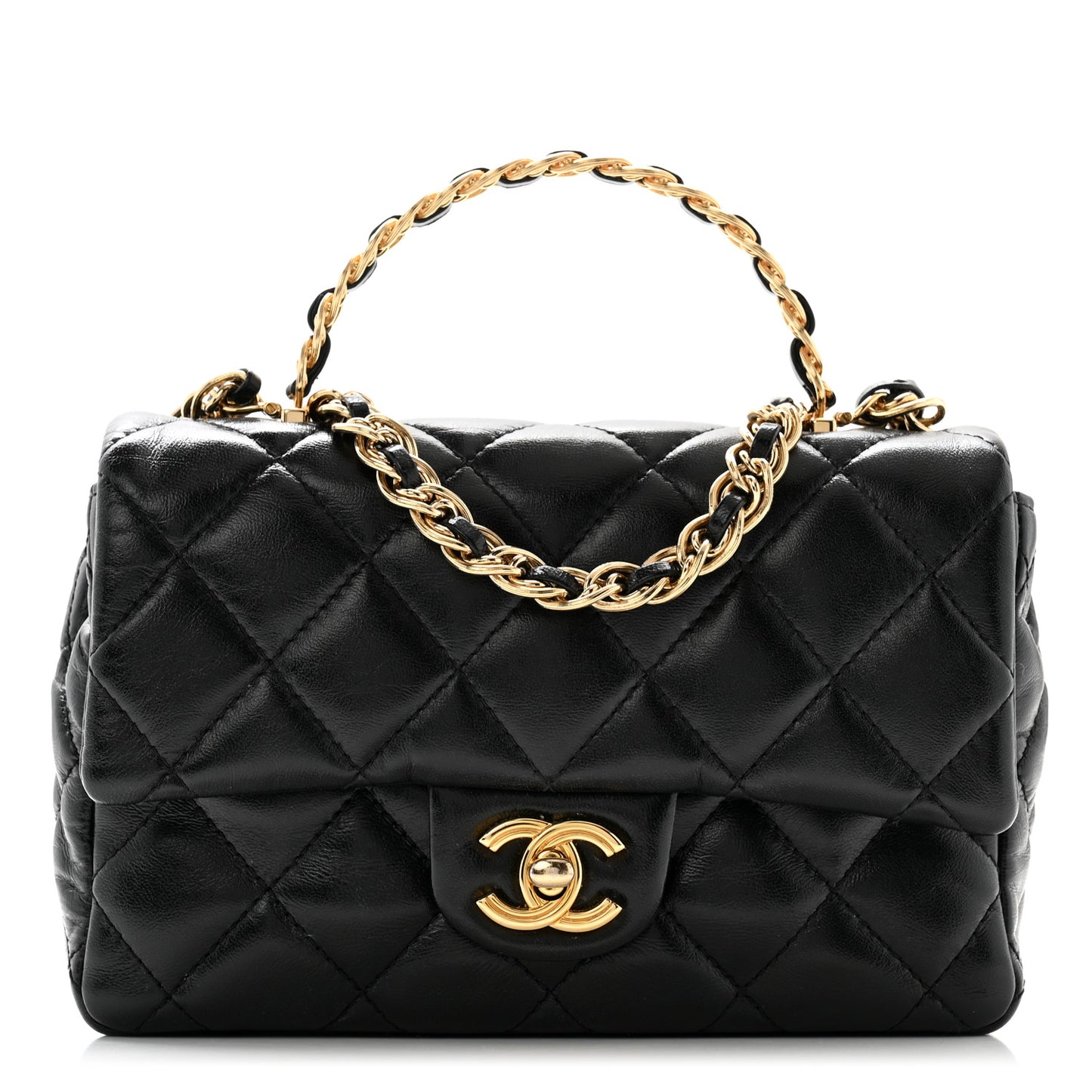 Shiny Lambskin Quilted Golden Links Top Handle Flap Black
