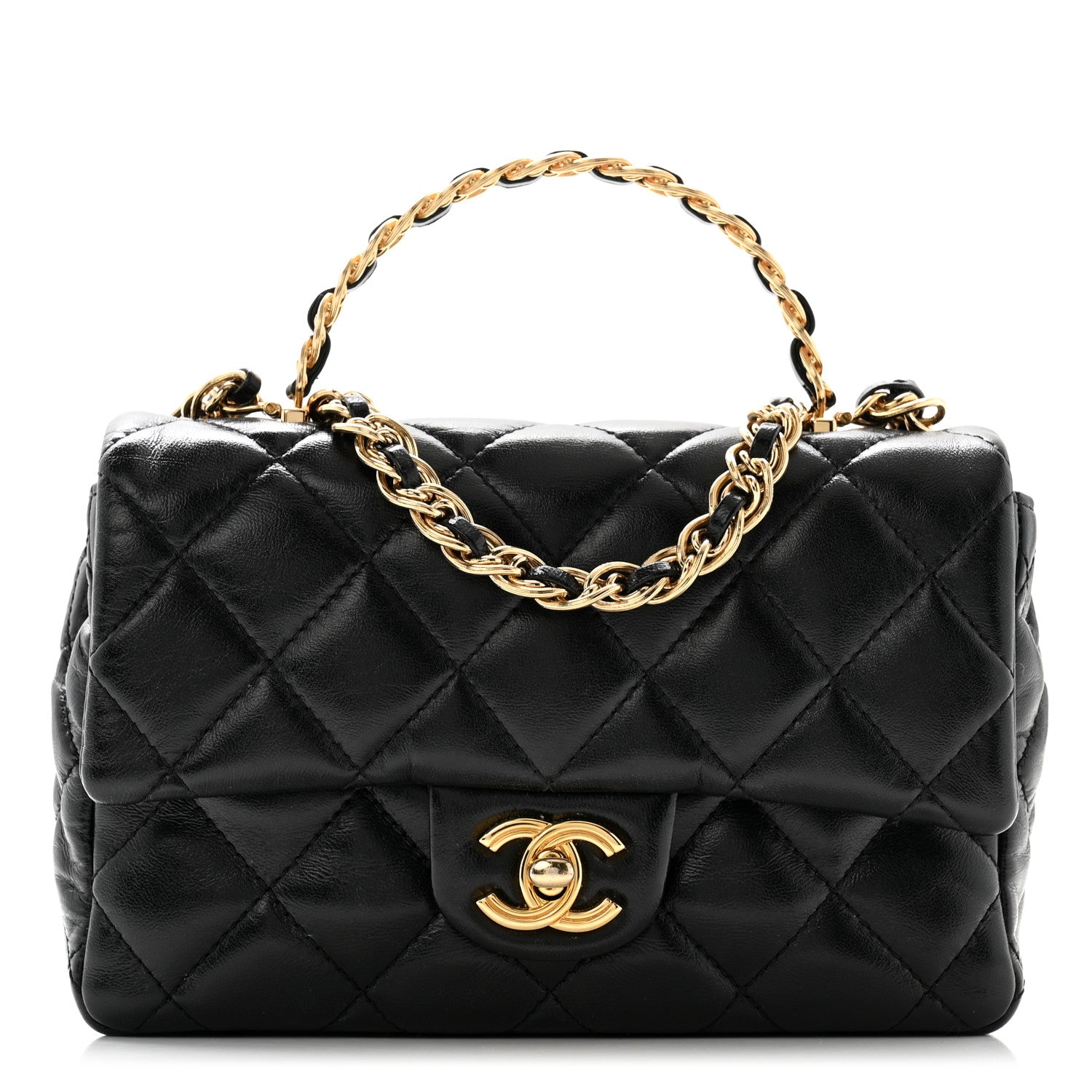 Chanel Shiny Lambskin Quilted Golden Links Top Handle Flap Black 1 of 11
