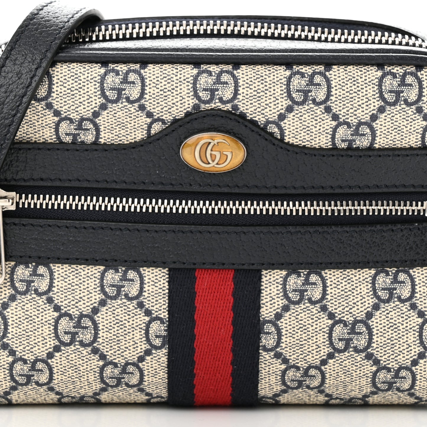 GG Supreme Monogram Textured Dollar Calfskin Web Mini Ophidia Shoulder Bag Beige Blue