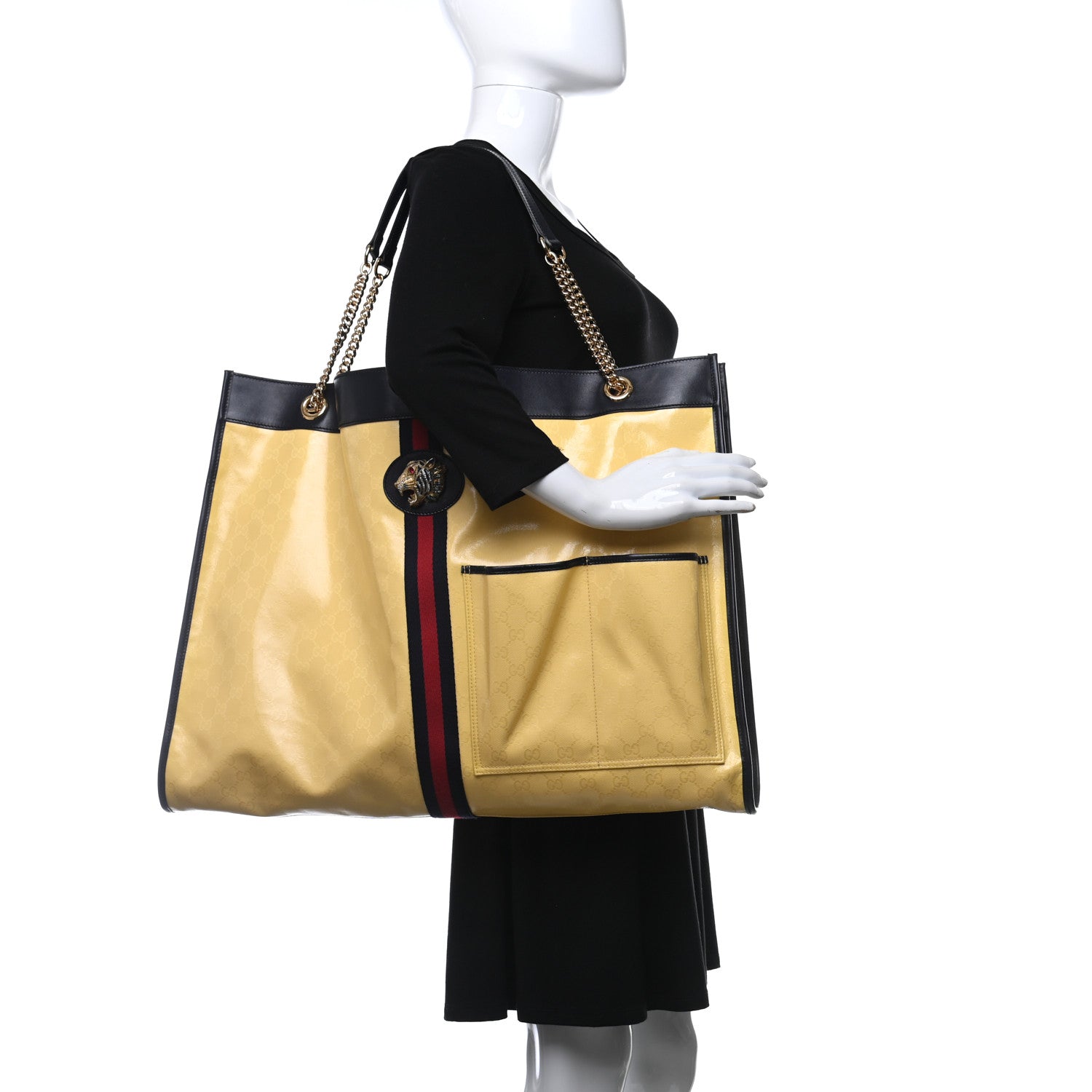 Gucci Crystal Monogram Maxi Rajah Chain Tote Straw Yellow Blue 2 of 16