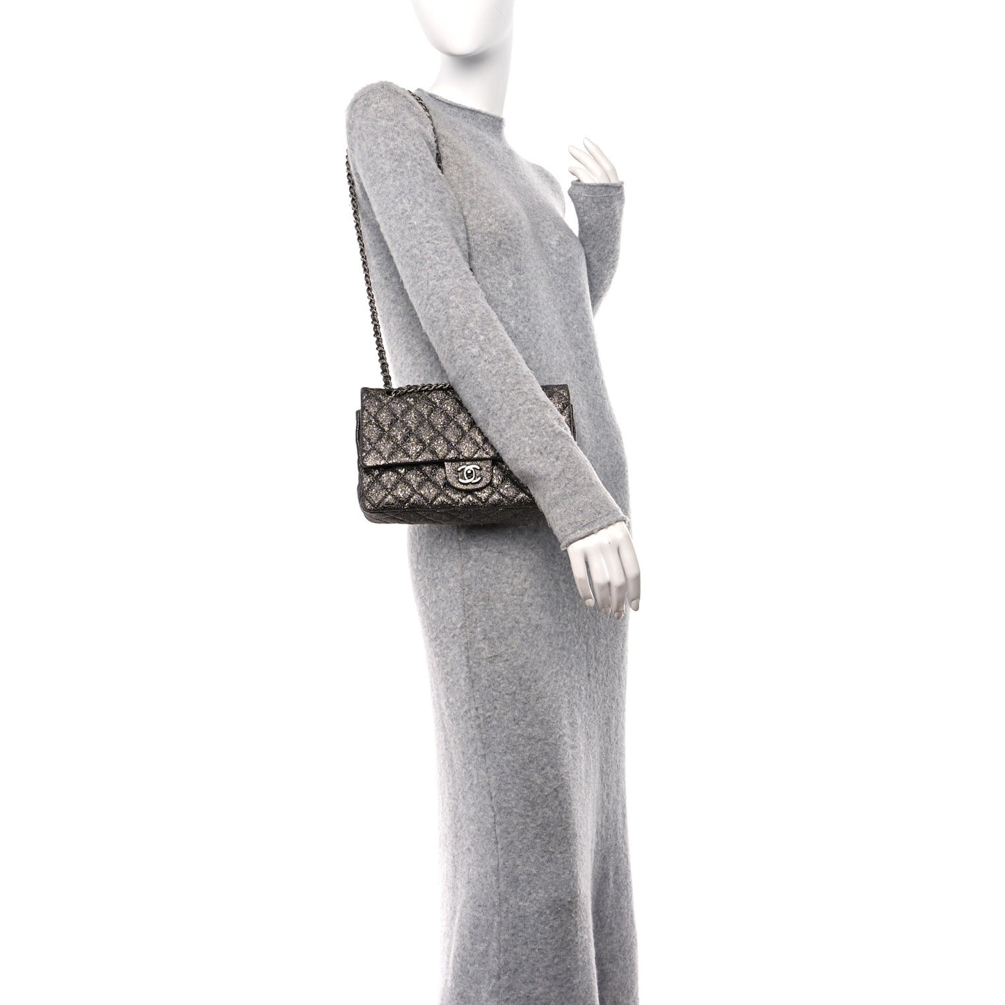Metallic Crackled Calfskin Medium Double Flap Dark Silver