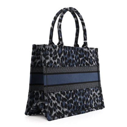 Christian Dior Canvas Mizza Embroidered Medium Leopard Book Tote Blue 3 of 11