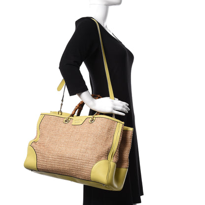 Gucci Calfskin Straw Large Bamboo Shopper Tote Citrus 2 of 13